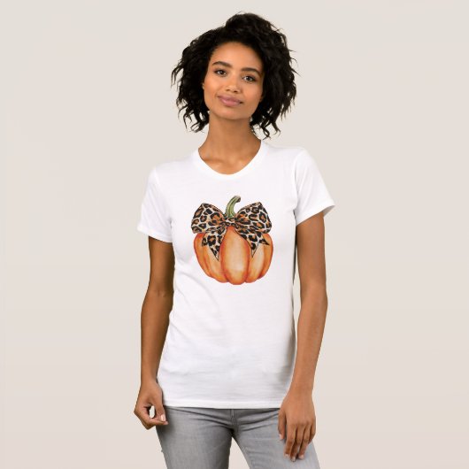 T-shirt Automne Halloween Citrouille Leopard Motif Bow (Devant entier)