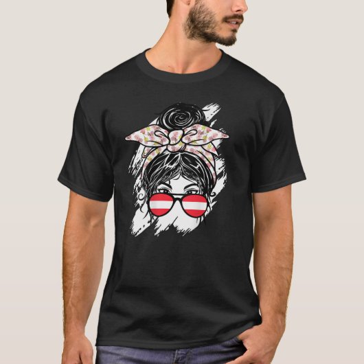 T-shirt Autriche Messy Bun Avec Bandana Drapeau Autrichien (Devant)