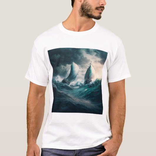 T-shirt avec deux voiliers dans la tempête (Devant)