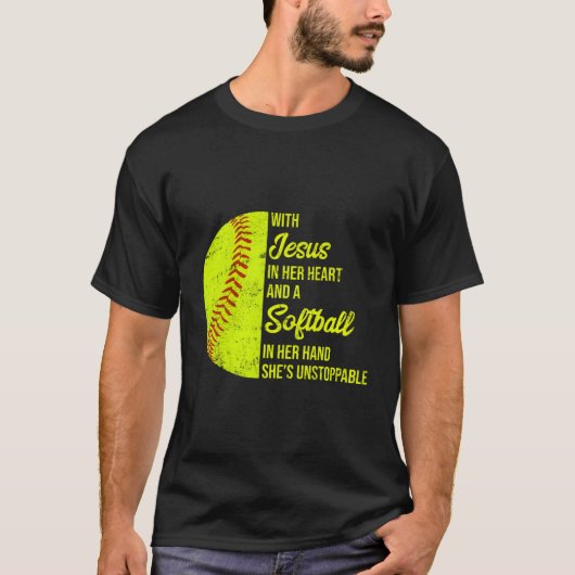 T-shirt Avec Jésus Dans Son Coeur Un Softball À La Main (Devant)