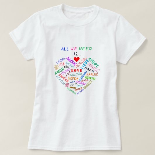 T-shirt avec texte multilingue mot d'amour (Design devant)