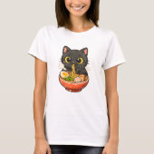 T-shirt avec un mignon chat noir mangeant des rame (Devant)