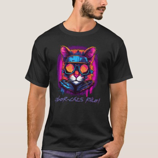 T-shirt Aventure Rad Synthwave Whiskers Cyber Cat (Devant)