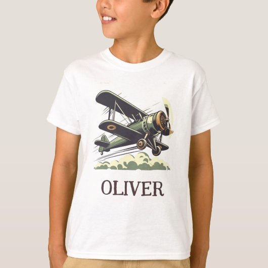 T-shirt aviateur biplan vintage vert (Devant)