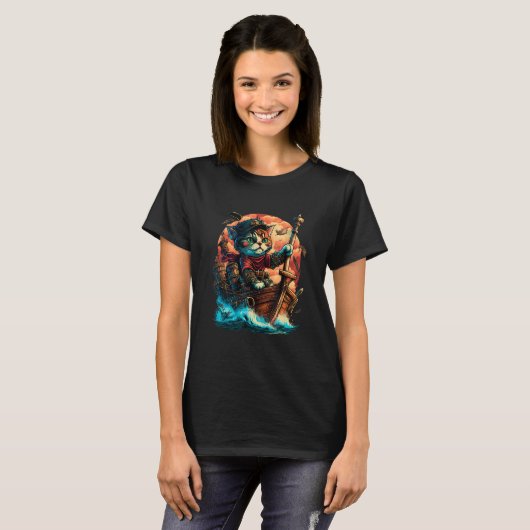 T-shirt Aye Aye, Captain Cat! Pirate Cat Design with Ancho (Devant entier)