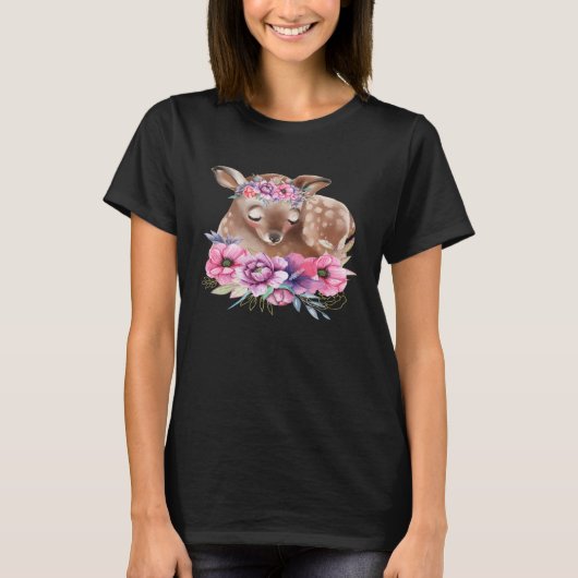 T-shirt Baby Deer Fawn with Flowers Forest Animals Nature  (Devant)