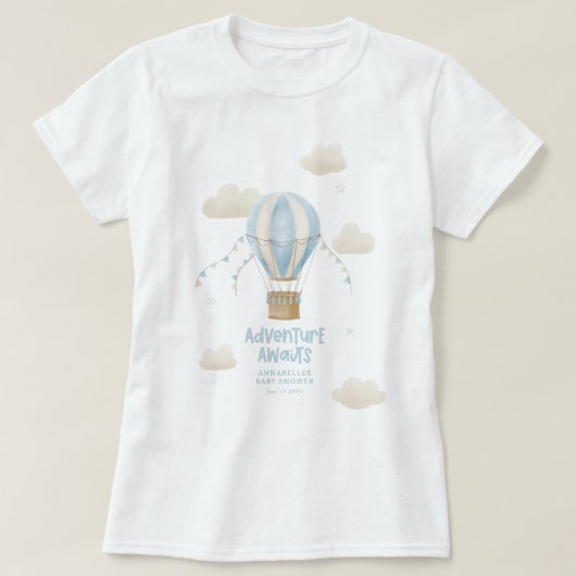 T-shirt Baby shower bleu montgolfière aventure (Design devant)
