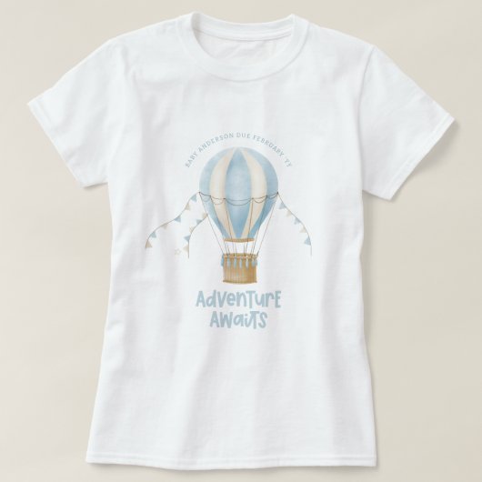 T-shirt Baby shower bleu montgolfière aventure (Design devant)