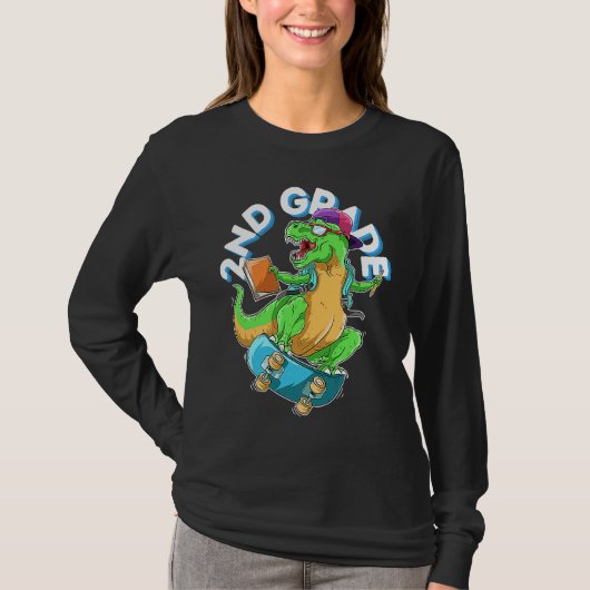 T-shirt Back to School 2nd grade Dinosaur Riding Skateboar (Devant)