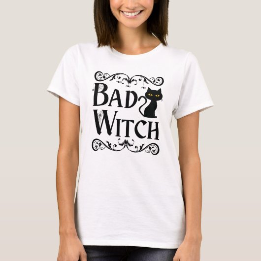 T-shirt Bad Witch Chat noir noir et blanc Halloween (Devant)