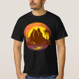 T-shirt Badge avec paysage de volcan tropical et palmiers