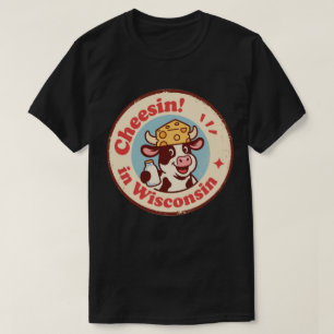 T-shirt Badge Rétro Wisconsin_ Vache de Dessin Animé en Ch