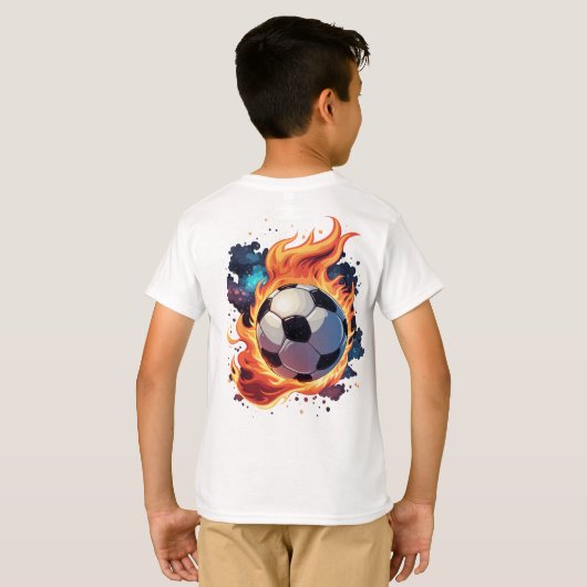 T-shirt Ballon de football volant avec flammes. (Dos entier)