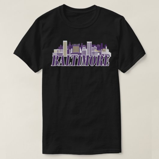 T-shirt Baltimore Skyline Text Purple Gold (Design devant)