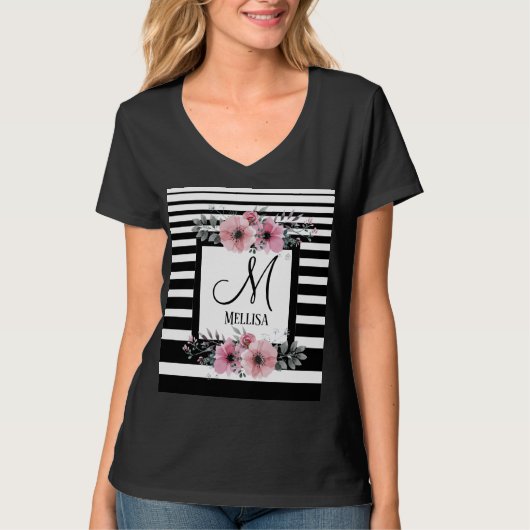 T-shirt Bandes noires et blanches Monogramme floral rose (Devant)