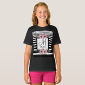 T-shirt Bandes noires et blanches Monogramme floral rose (Devant entier)