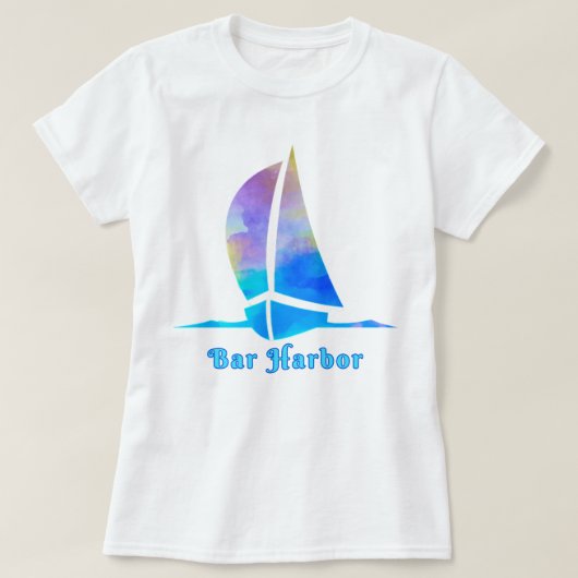 T-shirt Bar Harbour Maine Watercolor Ocean Sailboat (Design devant)