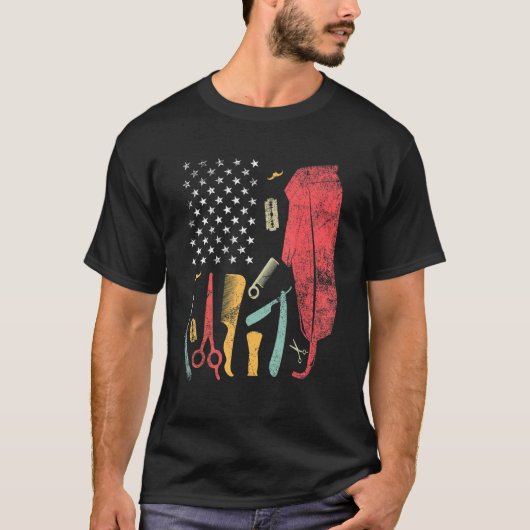 T-shirt Barber Us Drapeau Coiffeur Amour Sèche-cheveux Bar (Devant)