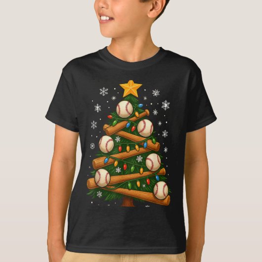 T-shirt Baseball Bat Christmas Tree Lights Holiday Design  (Devant)