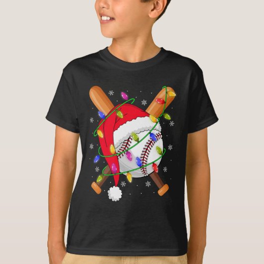 T-shirt Baseball Christmas Lights Santa Hat Baseball Playe (Devant)