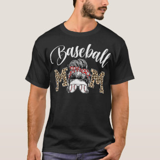 T-shirt Baseball Mama Leopard Funny Mom Messy Hair Bun Mot
