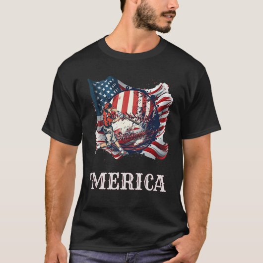 T-shirt Baseball Merica Patriotic 4th July American Flag (Devant)
