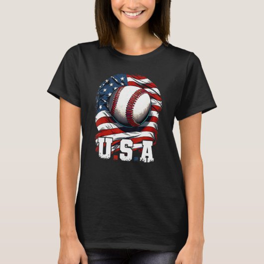 T-shirt Baseball USA Flag Patriotic 4th Of July Baseball (Devant)