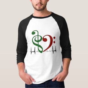 T-shirt Bass Clef Heart EKG Waves Green & Ruby Red