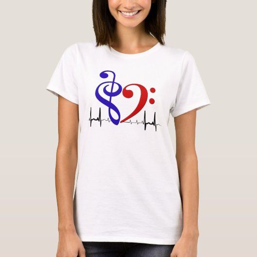 T-shirt Bass Clef Heart EKG Waves Navy & Red (Devant)