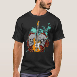 T-shirt Basse Guitare Crâne Rouge Roses Baid Lecteur basse