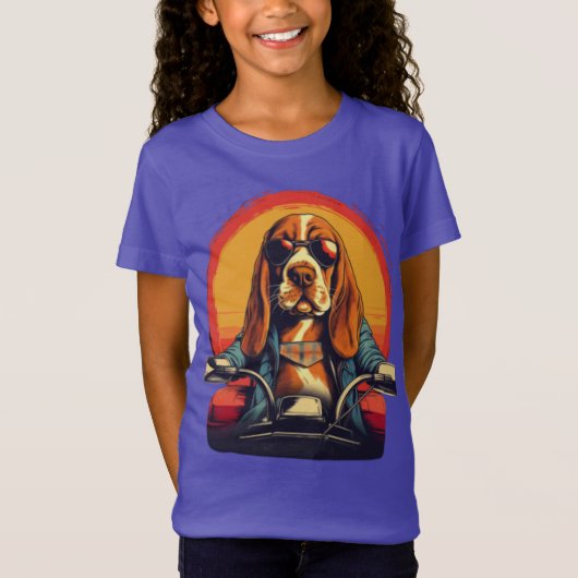T-Shirt basset cool hound biker au coucher du soleil (Devant)