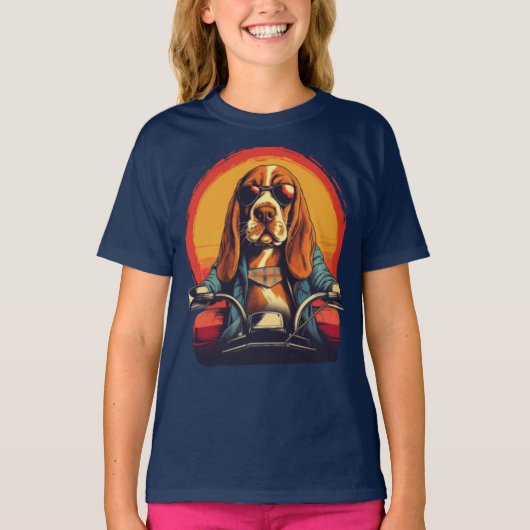 T-shirt basset cool hound biker au coucher du soleil (Devant)