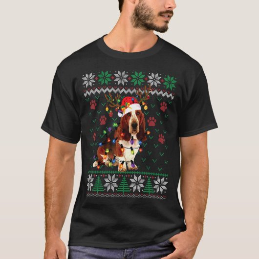 T-shirt Basset Hound illuminations de Noël Père Noël Chien (Devant)