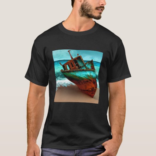 T-shirt Bateau déserté sur une plage de sable (Devant)