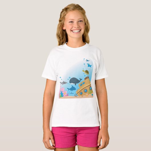 T-shirt Bateau Et Poisson Ensoleillés (Devant entier)