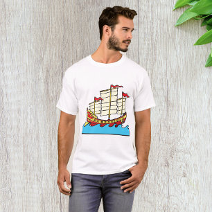 T-shirt Bateau traditionnel rouge chinois sur vagues bleue
