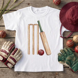 T-shirt Batte et balle de cricket à l'aquarelle classique