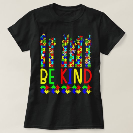 T-shirt Be Kind Hand Sign Language Puzzle Sensibilisation (Design devant)