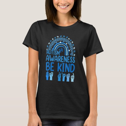 T-shirt Be Kind Sign Language Leopard Rainbow Autism Aware (Devant)