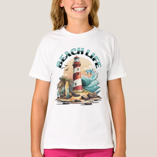 T-shirt Beach Life | Plage tropicale et phare (Devant)