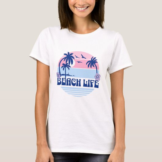T-shirt Beach Sunset Pastel Blue Pink (Devant)