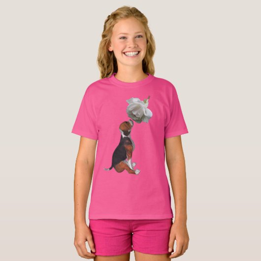 T-shirt Beagle Chien blanc chiot Rose mignonne (Devant entier)