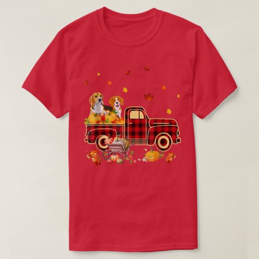 T-shirt Beagle Riding Truck Pumpkin Autumn Leaves Fall (Design devant)