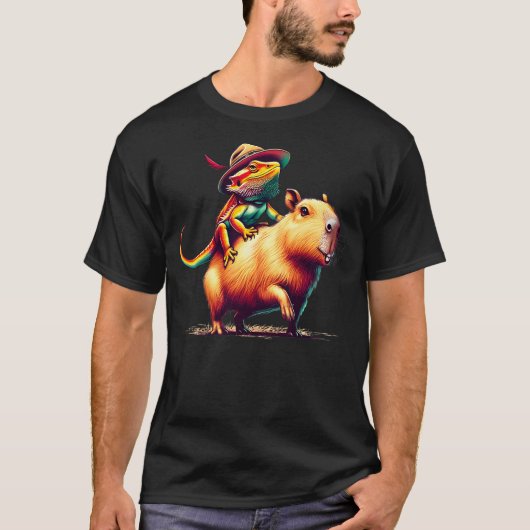 T-shirt Bearded Dragon Riding Capybara Funny Animal Lover  (Devant)