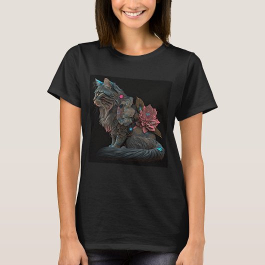 T-shirt Beau chat steampunk avec fleurs roses (Devant)