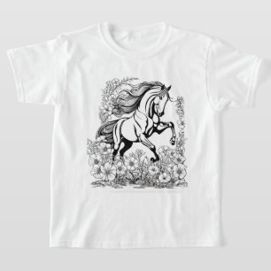 T-shirt Beau Cheval Élevé & Fleurs Peignent un