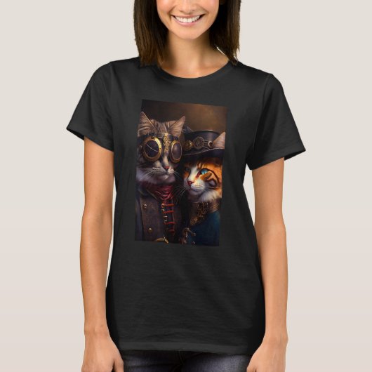 T-shirt Beau couple de chats Steampunk chats chats chaton (Devant)
