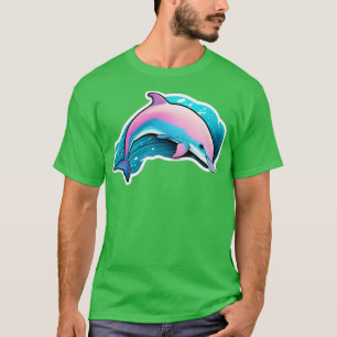 T-shirt Beau joli dauphin rose avec des vagues de l'océan