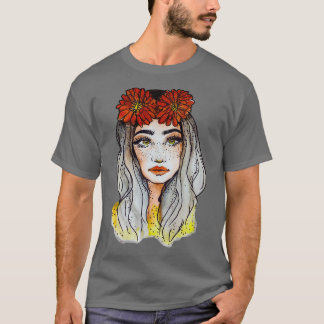 T-shirt Beau visage avec fleur rouge Femme Cadeau graphiqu