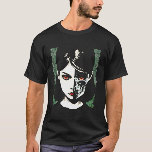 T-shirt Beauté gothique demi visage demi-crâne punk Grunge (Devant)